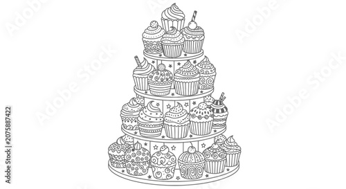 Cupcake Stand Coloring Page Illustration