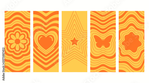 Retro vertical banners with orange psychedelic wavy patterns featuring flower heart star and butterfly shapes, representing groovy social media layouts and symbolizing vintage aesthetic