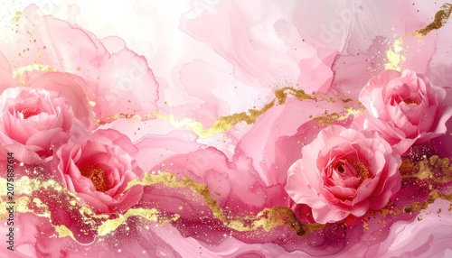 A delicate composition features soft pink roses with golden accents and swirling pink ink textures.