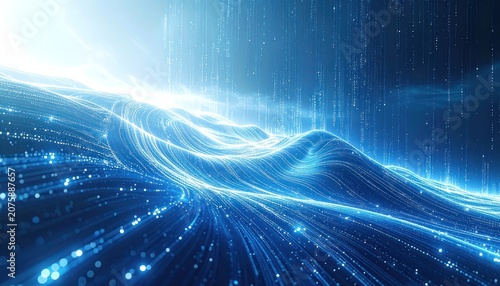An abstract digital landscape flows with glowing blue light trails and shimmering particles.