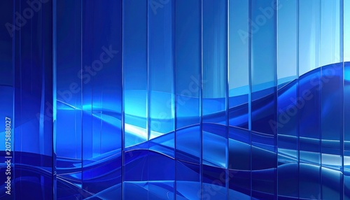 Abstract blue flowing waves behind vertical glass panels with bright light reflections.