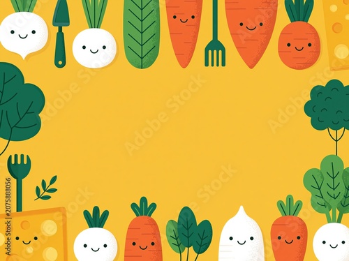Playful Kawaii Vegetables and Cheese Frame with Copy Space for Fun Food Design