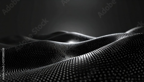 A flowing, abstract landscape composed of dark, textured surfaces and shimmering light.