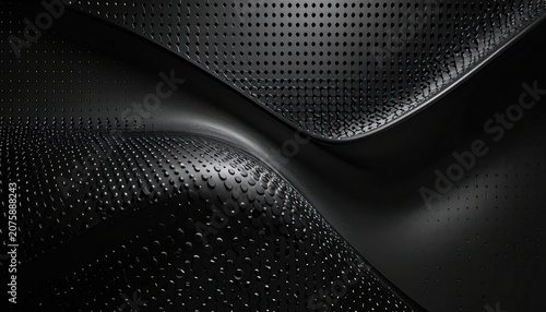 An abstract, futuristic black metallic surface with a curved, perforated texture.