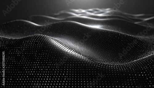 A dark, wavy surface is rendered with a grid of shimmering dots, creating an abstract, futuristic landscape.