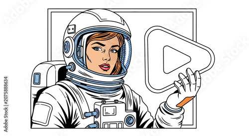 Astronaut Woman Holding Play Button Icon, Retro Comic Style, Space Exploration and Media Concept