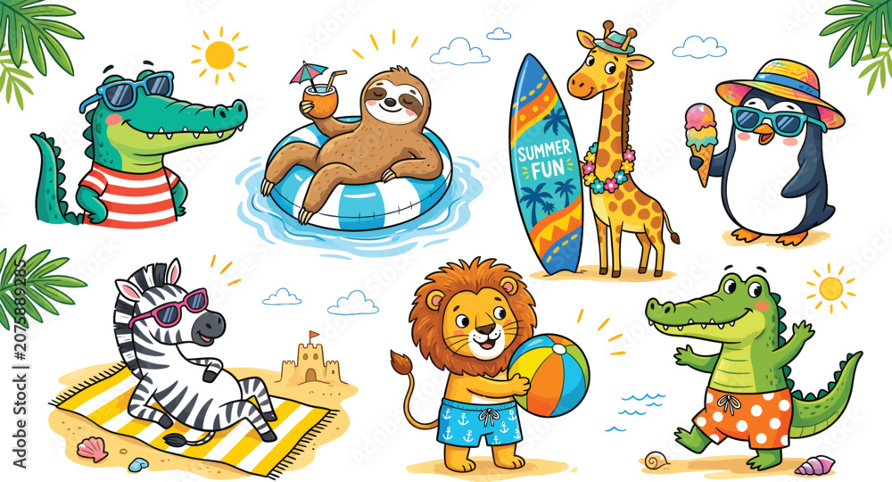 Fototapeta premium Set of cute animals enjoying a summer vacation