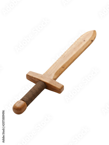 A wooden toy sword with brown handle and tan blade on white background