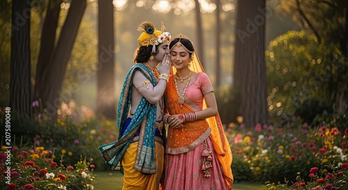 Lord Krishna and Radha in a serene garden setting, embodying divine love and devotion.