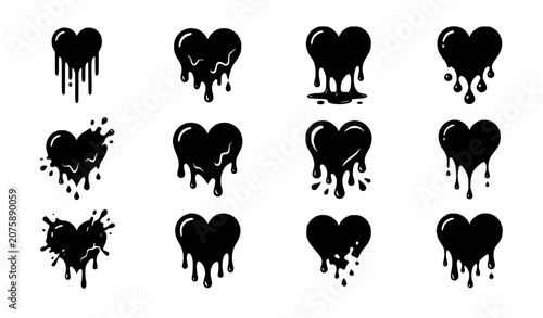 Dripping Heart Icon Set Vector with Black Melted Paint Shapes