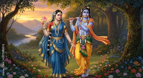 Lord Krishna and Radha walking in a serene forest at sunset.