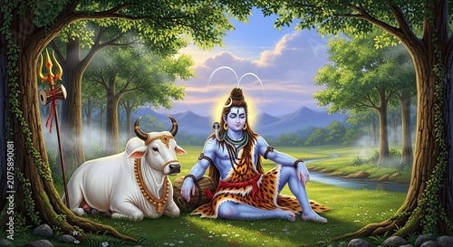 Lord Shiva Meditating in a Serene Forest with Nandi Bull.