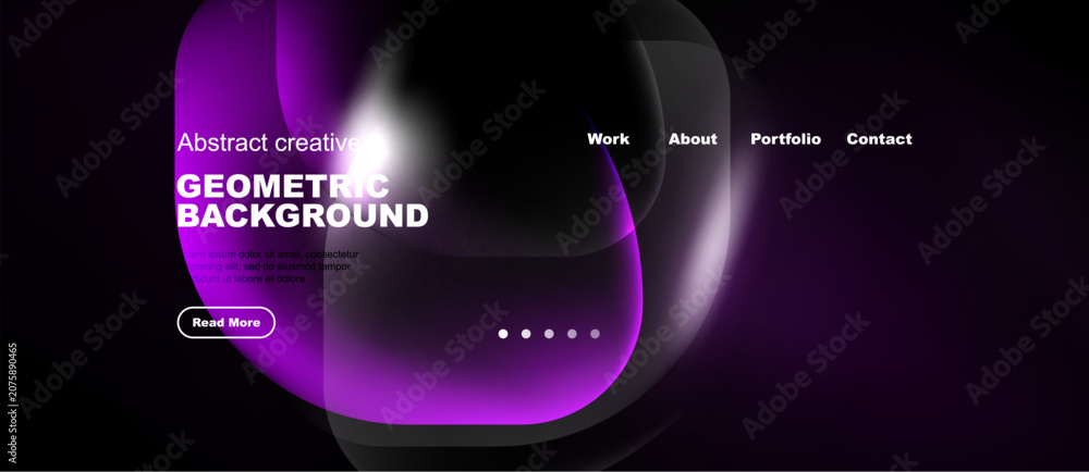 Naklejka premium Dark background features vibrant purple shapes. Website header includes navigation work, about, portfolio, contact. Minimalist design with text elements.