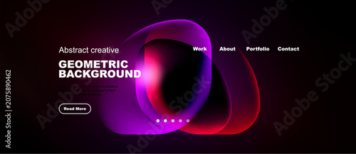 Dark background features vibrant abstract shapes, text elements, navigation menu. Modern design suggests digital art or website template.