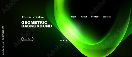 Dark background features vibrant abstract shapes, text elements, navigation options. Modern design promotes creativity, geometric patterns.