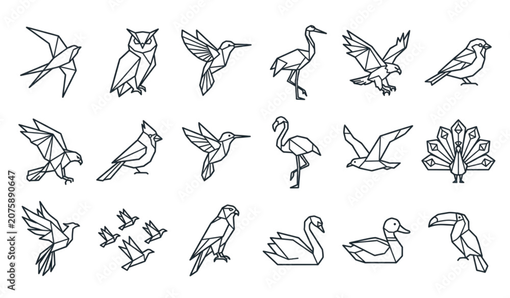 Fototapeta premium Geometric Origami Bird Outline Vector Set