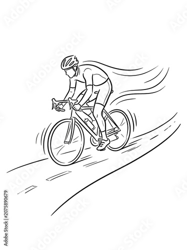 Cyclist riding bicycle downhill in a dynamic motion, wearing a helmet and sportswear on a winding road