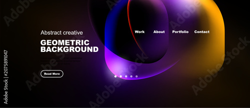 Dark background features colorful fluid shapes, text elements, navigation options. Modern design promotes creativity, geometric patterns.