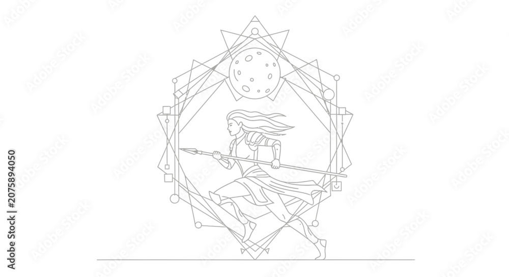Obraz premium Fantasy Warrior Woman Running with Spear and Moon Symbol