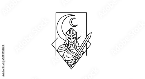 Fantasy Warrior Knight with Sword and Crescent Moon Emblem