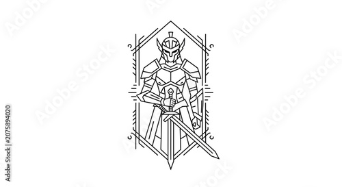 Fantasy Warrior Knight Emblem, Geometric Line Art, Medieval Hero Emblem, Sword and Armor, Minimalist Design