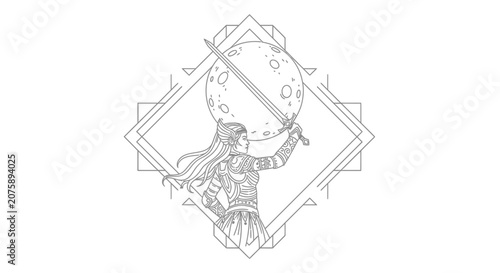 Fantasy Warrior Woman Holding Sword and Moon in Art Deco Frame