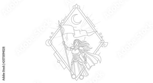 Fantasy Warrior Woman Holding Flag, Moon, Geometric Frame, Line Art