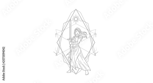 Fantasy Warrior Woman Holding Sword, Geometric Sun Symbol, Line Art Illustration