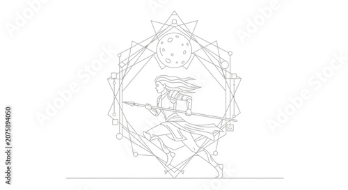Fantasy Warrior Woman Running with Spear and Moon Symbol