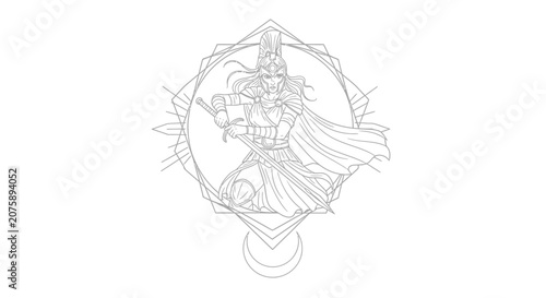 Fantasy Warrior Woman with Sword and Cape, Geometric Emblem, Line Art