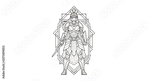 Fantasy Warrior Woman Line Art Emblem with Sword and Geometric Background