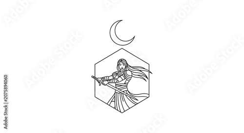Fantasy warrior woman with sword and crescent moon icon