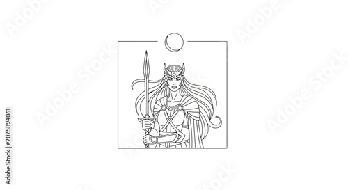 Fantasy Warrior Woman with Sword and Crown, Moon Symbol, Line Art Illustration