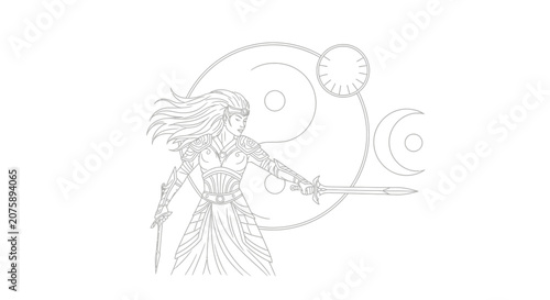 Fantasy Warrior Woman with Sword and Celestial Symbols