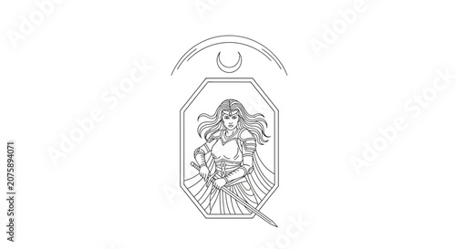 Fantasy Warrior Woman with Sword and Moon Emblem