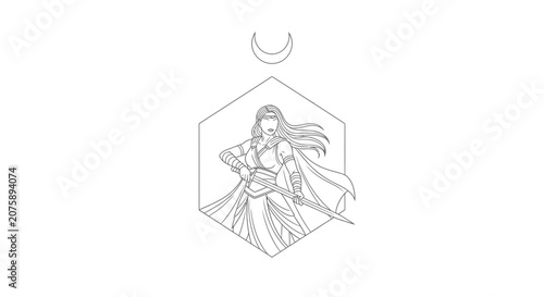 Fantasy Warrior Woman with Sword and Moon Symbol - Geometric Hexagon Design