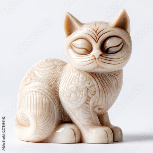 Intricate Carved Ivory Cat Sculpture Serene Expression Detailed Patterns White Background