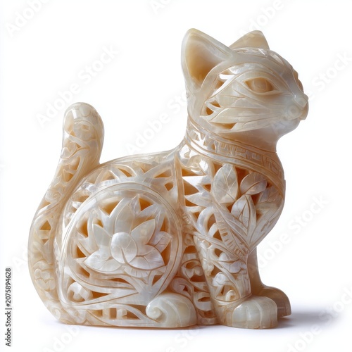 Intricately Carved Pale Ivory Cat Sculpture with Floral Patterns and Leaf Motifs on White Background