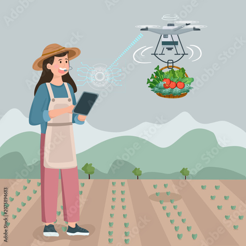 Female farmer using a tablet to control an autonomous delivery drone via digital wireless signal interface over a farm. Smart agritech and automated food logistics vector illustration.