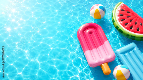 Inflatable Pool Floats and Beach Balls Floating on Crystal Clear Blue Summer Swimming Water