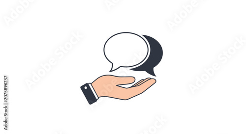 Hand holding a speech bubble icon.