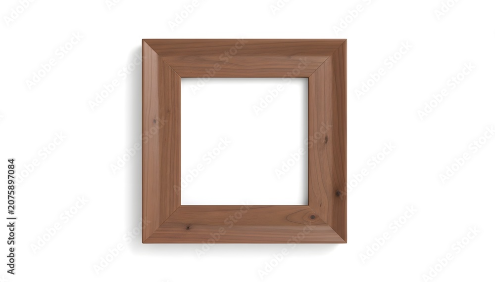 Fototapeta premium Photorealistic Empty Square Walnut Wooden Picture Frame Isolated on Pure White Background with Elegant Classic Craftsmanship and Clean Copy Space for Mockup Design