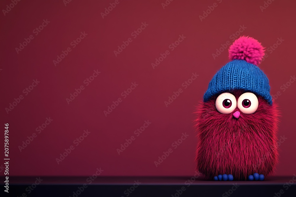 Fototapeta premium Whimsical pink creature in blue hat