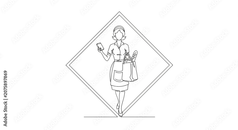 Fototapeta premium Retro Woman with Groceries, Single Line Art, Vintage Style, Shopping Bag & Coffee