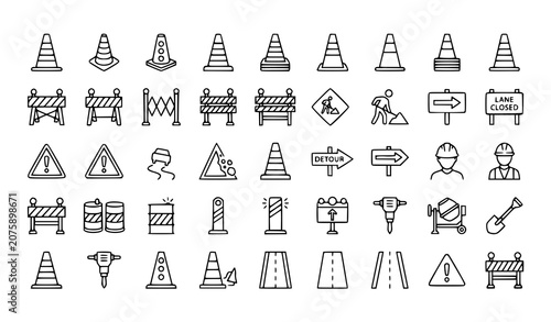 Bild auf Leinwand Construction zone icons set road work safety workers detour and traffic control