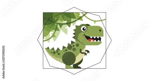Cute cartoon dinosaur T-Rex smiling in a jungle with vines and leaves, illustration