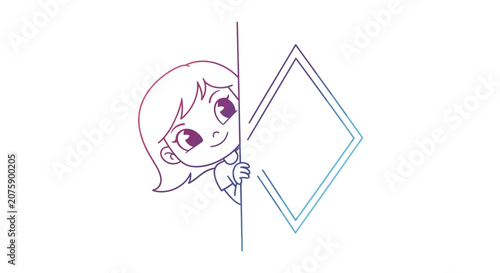 Cute Cartoon Girl Peeking Behind Whiteboard with Diamond Frame