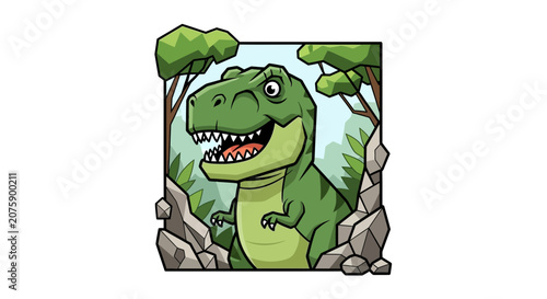 Cute Cartoon T-Rex Dinosaur Emerging from Rocks and Trees