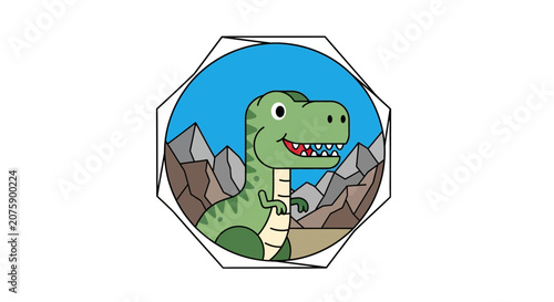 Cute Cartoon T-Rex Dinosaur in a Mountain Landscape