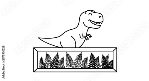 Cute Cartoon T-Rex Dinosaur Peeking Over Ferns in a Terrarium
